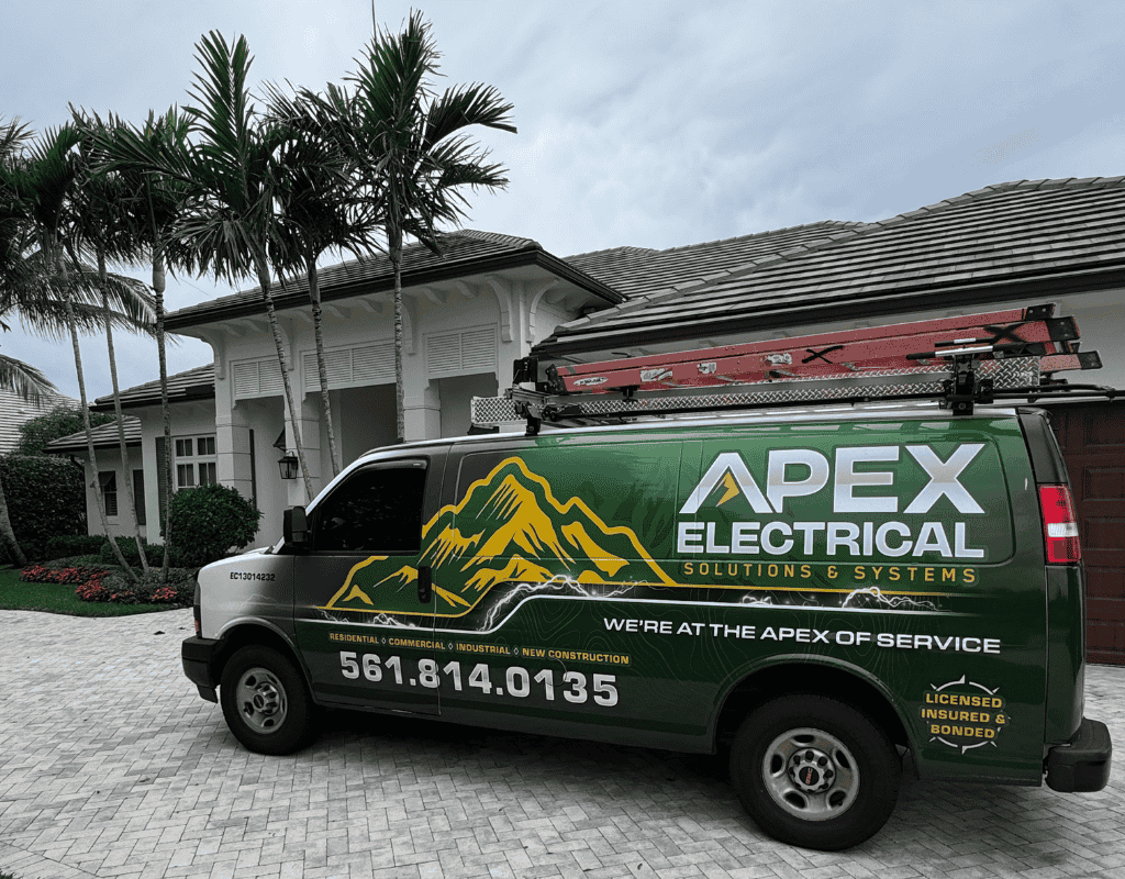 Apex Electrical service van parked in front of residential property in Jupiter, FL