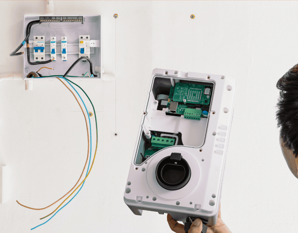 Electric vehicle charging station being installed on residential wall in Jupiter, Florida